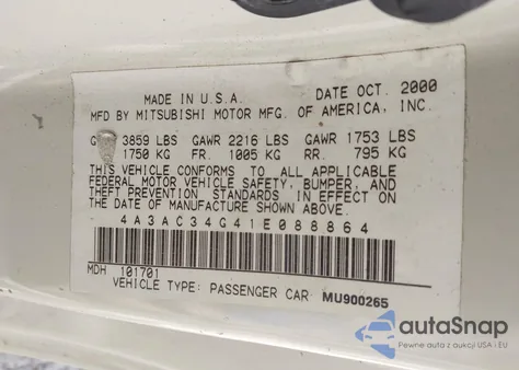 2001 Mitsubishi Eclipse Rs from USA, damaged, VIN 4A3AC34G41E088864